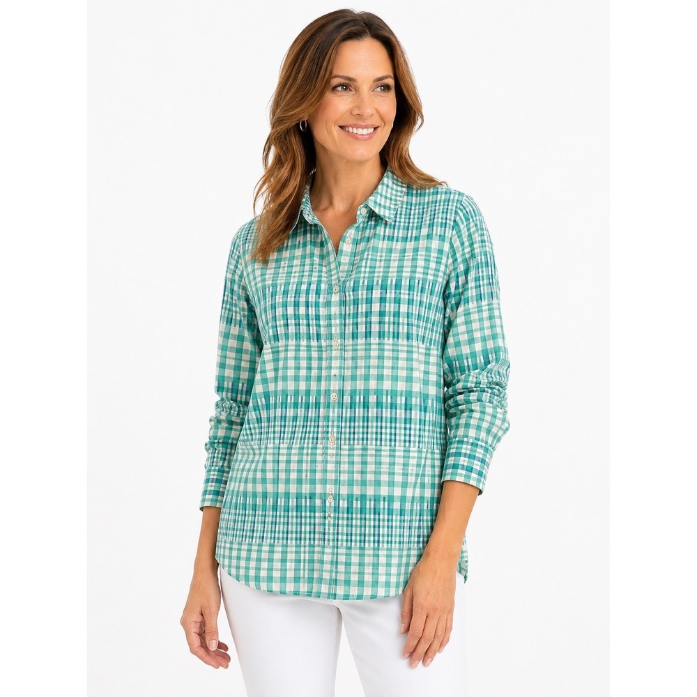 Talbots Woman 1X Green Blue Gingham Plaid Ikat Cotton Button Front Shirt IN5143